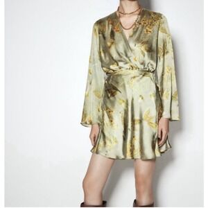 Zara Floral Satin Dress Women Sz M Olive Green Floral Stunning Long Sleeves‎ NWT